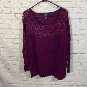 Denim 24/7 Purple Ribbon Lace Sequined Neckline Soft Sweater